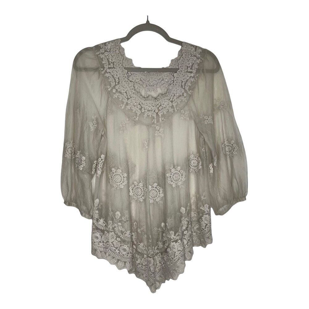 XCVI Top Womens Small Lace Mesh Embroidered Fairy Whimsical 3/4 Sleeves Shirt